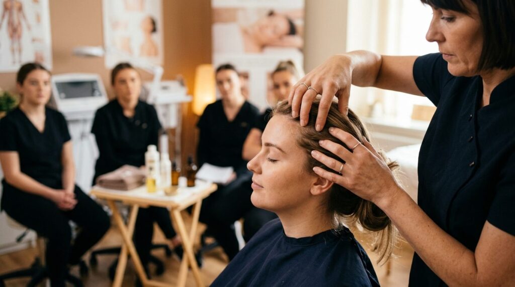 Close-up of skilled hands performing professional scalp mass