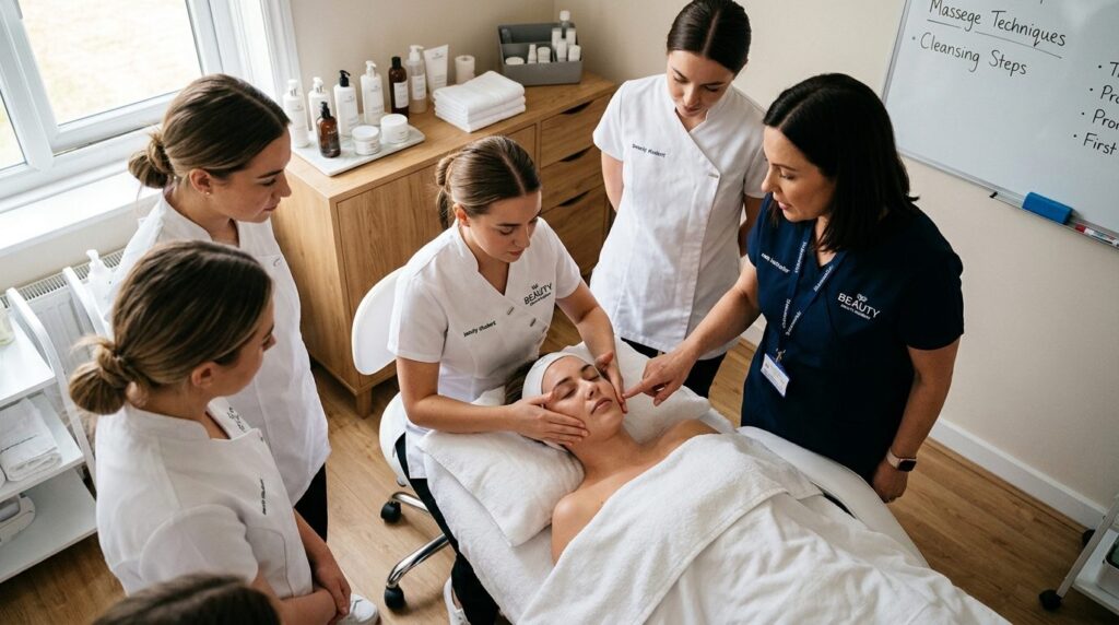 Overhead view of beauty student practicing manual skincare t