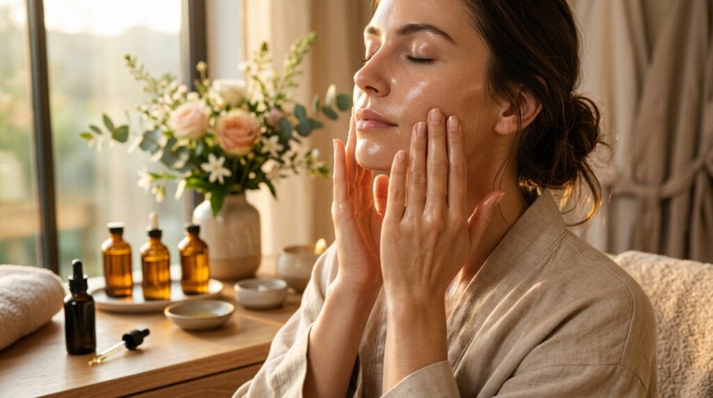 Luxurious skincare routine photograph showing hands massagin