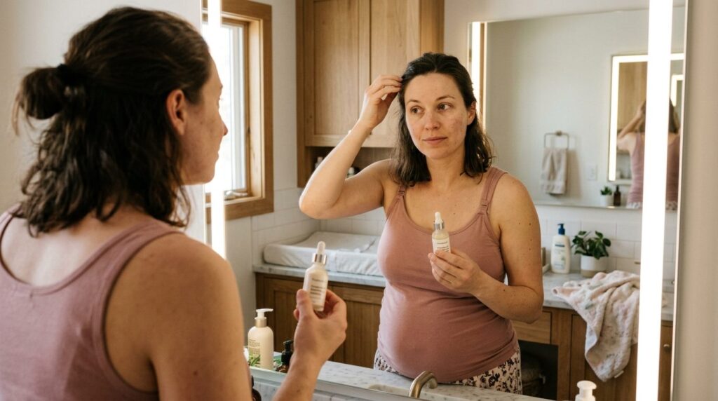Photorealistic image of a postpartum mother examining her sk
