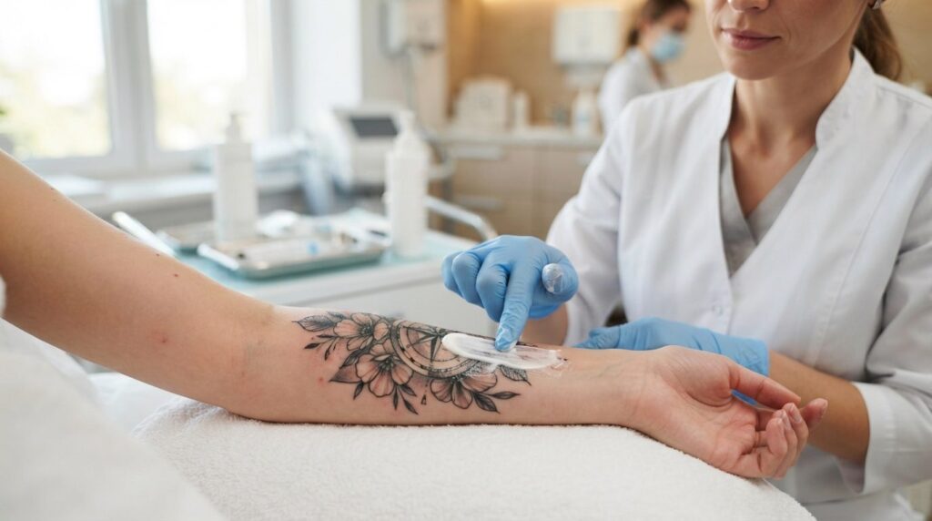 Close-up realistic photo of a dermatologist or tattoo artist