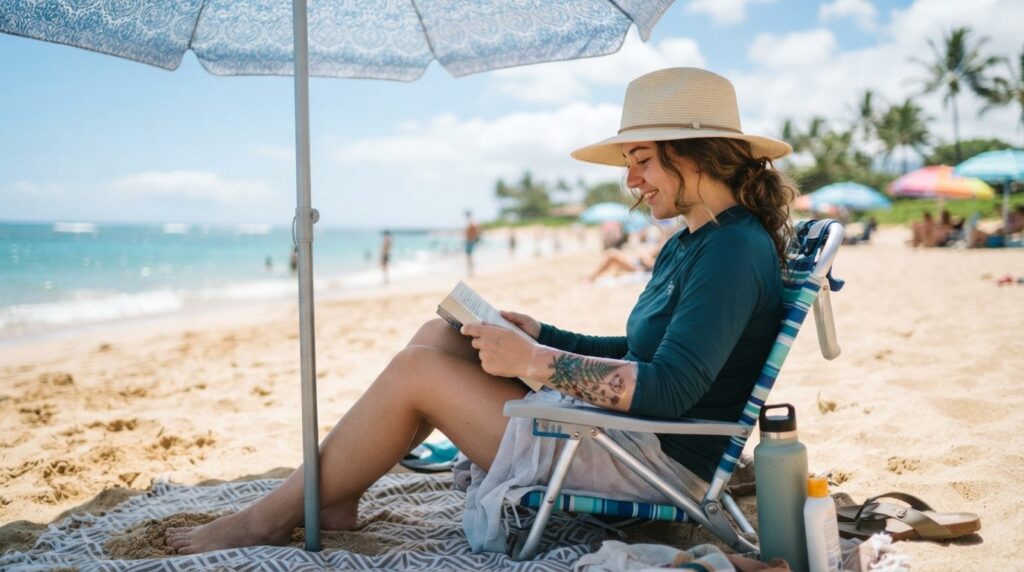 Young person at the beach wearing protective UV rash guard a