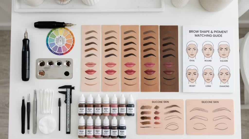 Overhead flat-lay composition of permanent makeup shade swat