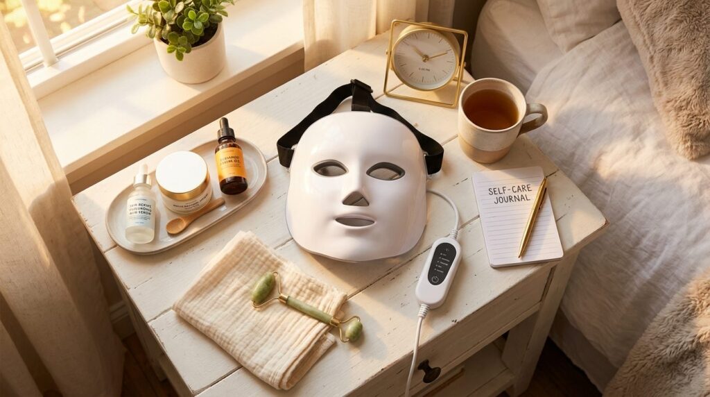 Flat lay overhead shot of LED light therapy mask with skinca