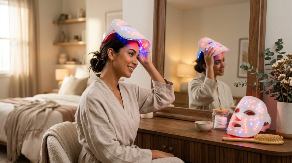 Woman in comfortable home setting applying LED hair and scal