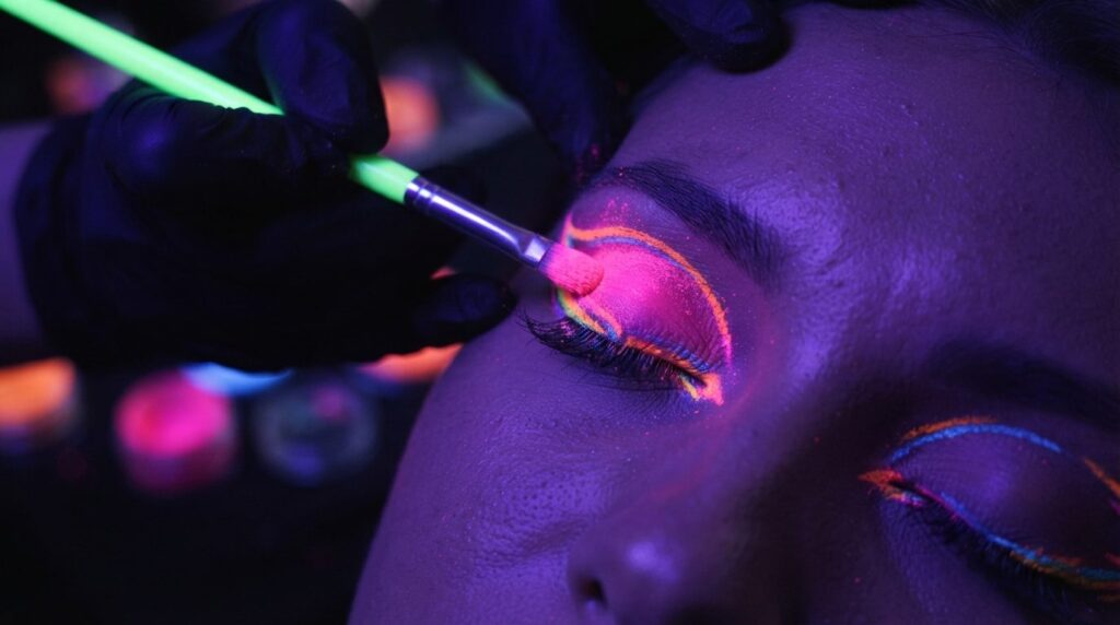 Close-up detail shot of UV-reactive makeup application on sk