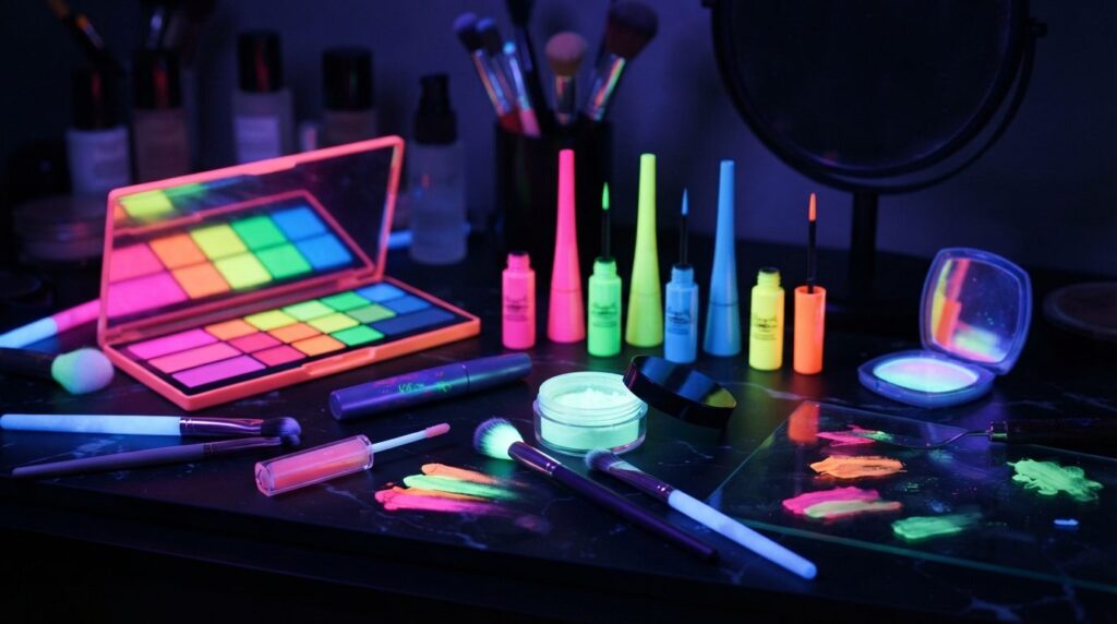 Beauty tutorial style photo of makeup products and cosmetics
