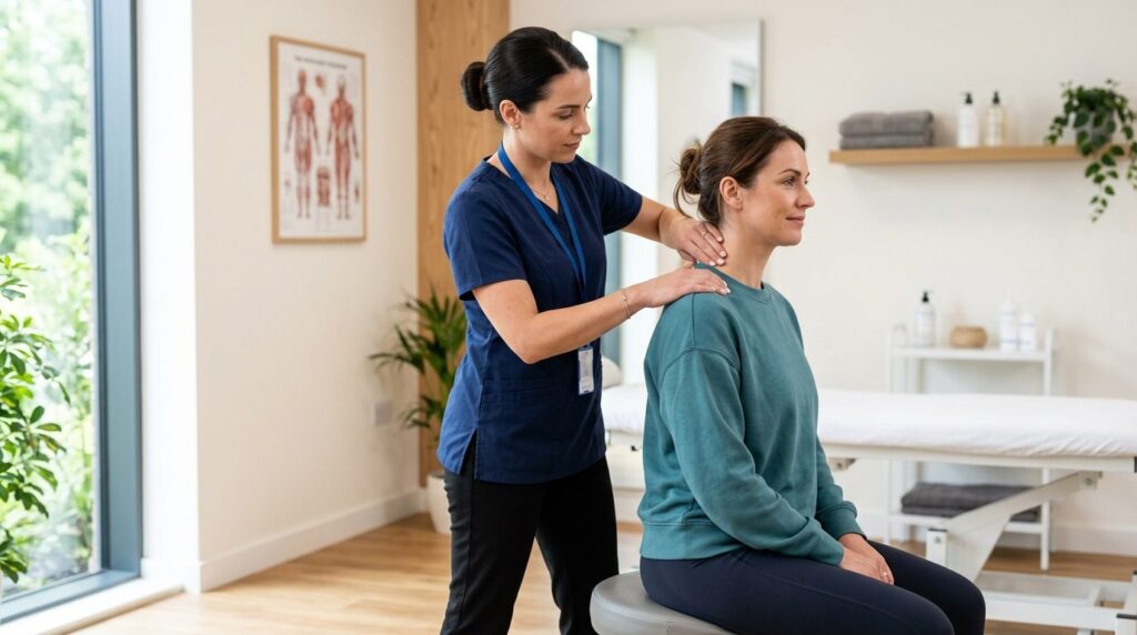 Professional stock photo, 16:9 format: A physiotherapist or 